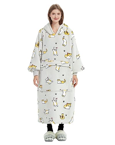 Image of KFUBUO Wearable Blanket Hoodie for Adults With Pocket Cat Extra Long | Sherpa, Cat Gifts for Cat lovers, Sweatshirt Blanket, Cat Hoodie Pouch, Cute Gifts for Women, Blanket Sweatshirt