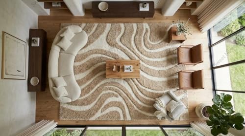 Image of SWEET HOMES Luxury Abstract Shag Rug, Thick Soft Area Carpet for Living Room, Bedroom, 4 x 6 Feet (122 x 183 cm), Ivory /Beige Hi