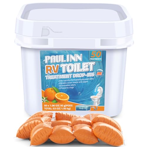 PAULINN RV Toilet Treatment Drop Ins, 50 Packs Septic Tank Treatment Pods Holding Tank Deodorizer for RV Black & Grey Water Tank Camper Marine Boat Camping, Orange