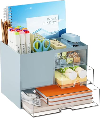 Image of Shuttle Art Blue Desk Organizer with 3 Drawers for Study Table & Office | Multi-Compartment Stationery Holder for Students, Teachers & Professionals | Desktop Storage for Makeup & Accessories (Blue)