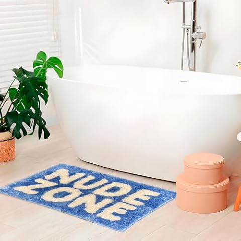 OhBeWater - 20x31 - Bathroom Rugs Non Slip Washable - Runner Rug - Absorbent Bath Mat - Shower Rug - Tub Mat - Bathroom Mat Quick Dry - Toilet Rug - Floor Mat - Blue Bath Rug - Nude Zone Cover