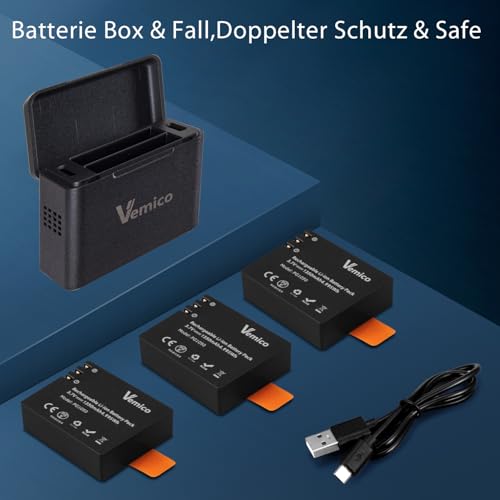 Vemico Action Cam Akku Ladegerät Kit 3 x 1350mAh PG1050 Akku mit Dual Ladegerät Kompatibel mit Action Cam/Sjcam/Apexcam/Victure/Campark/Akaso/Apeman/Nilox/Crosstour/Dbpower/Eken (schwarz)