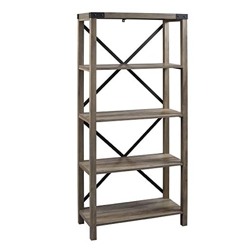 Walker Edison Andersen Urban Industrial Metal X Back 4 tier Bookshelf, 64 Inch, Grey Wash