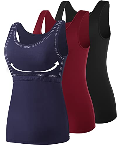 Amvelop Soft Cotton Women Tank Tops With Shelf Bra Tanks For Layering Undershirts Activewear 1-3 Pack Black Wine Red Dark Blue M #TOP28