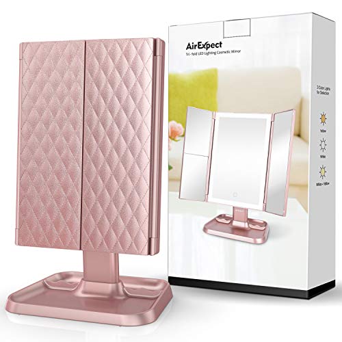 Makeup Mirror Vanity Mirror with Lights - 3 Color Lighting Modes 72 LED Trifold Mirror, Touch Control Design, 2x/3x Magnification, Portable High Definition Cosmetic Lighted Up Mirror