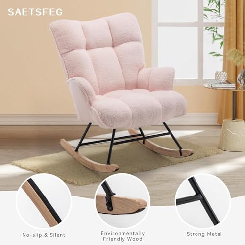 Image of SAETSFEG Rocking Chair Nursery Teddy Upholstered Glider Rocker Rocking Accent Chair Padded Seat with High Backrest Armchair Comfy Side Chair for Living Room Bedroom Offices (Pink Teddy)