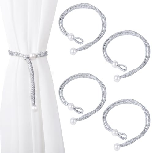 Dalababa 2 Pair Curtain Tie Backs Rope, Polyester Hand-Woven Drapery Holdbacks, Pearl Curtain Tiebacks Straps Buckles for Home Decor (Grey)