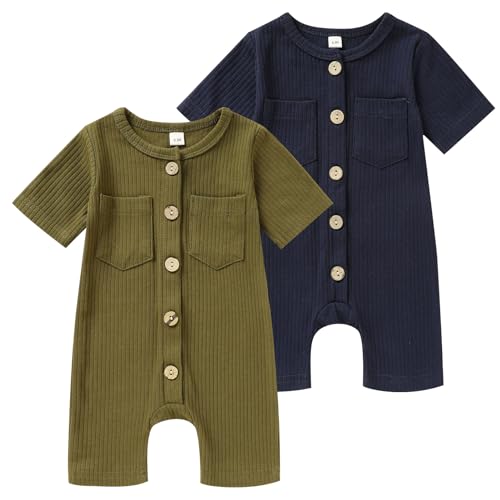Image of TITKKOP Newborn Baby Boy Girl Clothes 2 Pack Solid Romper Short Sleeve One-Piece Jumpsuits Outfits Sets