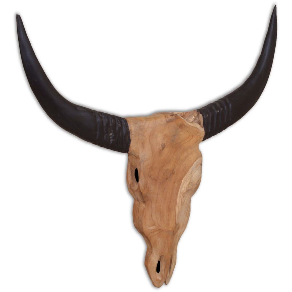 Wandmontierte Stierkopf Skulptur aus Teak, handgefertigte Figur für Wohnzimmer, Deko für Regal, Kaminsims, Fensterbank, Eingang, Terrasse und Balkon, 69 x 6 x 60 cm