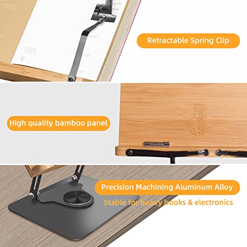 Book Stand For Reading, Wishacc 360° Rotating Base & Page Clips, Adjustable Rotating Foldable Bamboo Reading Stand #TOP7
