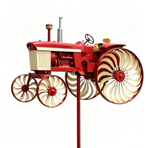 Garden Wind Spinner Green Tractor Windmill Stake with Rotating Wheels for Patio Yard Garden Unique Outdoor Sculptures Ornament Gift for Friends Family (Red)