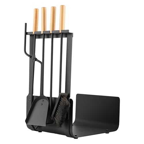 Lavish Home 5 Piece Fireplace Tools Set Indoor Outdoor -Fireplace Accessories Set with Poker, Brush, Shovel, and Firewood Rack Stand - Fire Tools for Fire Places, Firepits, and Woodstoves (Black)