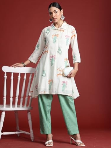 Image of INDO ERA Women's Pure Cotton A-Line Printed Kurta with Pant | Women Kurta Set | Ethnic Wear for Women | Daily Office Casual Traditional Outfit,KS0OW10128XXL