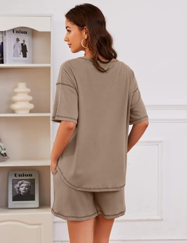 Image of Womens Pajama Sets Waffle Knit 2 Piece Short Lounge Set Cute Sleep Loungewear Pjs Set Short Sleeve Top and Shorts