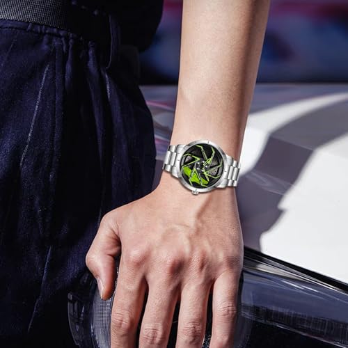Image of FANMIS Men's Racing Car Wheel Watch 3D Spinning Dial Stainless Steel Watch | Creative 3D Spinning Car Quartz Large Skeleton Face and 30M Water Resistance Designed for Car Fans and Daily Wear.