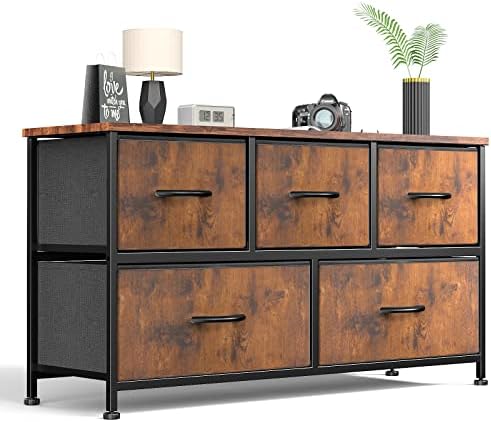 Sweetcrispy Dresser for Bedroom 5 Fabric Drawers Dresser Clothes Cabinet Storage Organizers and Wood Top Surface Table for TV, Chest of Drawers for Bedroom, Living Room, Hallway, Porch Organization