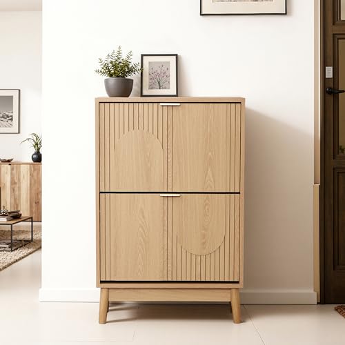 Hometopia Schuhschrank 2 Türen 4-Ebenen Schuhregal Schmal aus Holzwerkstoff mit Massivholzbeinen Flurschrank Schuhkipper für Flur Schuhaufbewahrung Schuhbank Modern Landhausstil 60×24×92 cm