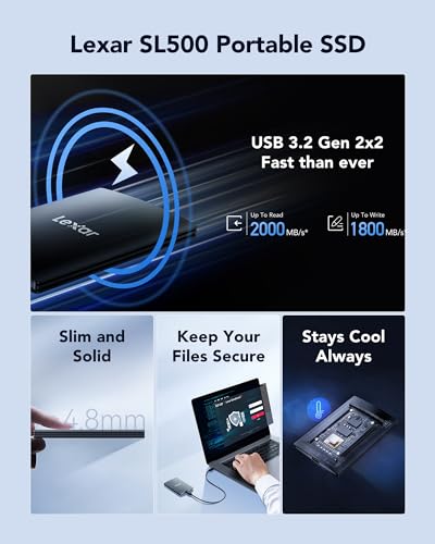Lexar SL500 External SSD 1TB, USB3.2 Gen2x2 Portable SSD, PSSD up to 2000MB/s Read, 1800MB/s Write, External Solid State Drive with Metal Design, DataShieldTM 256-bit AES Encryption(LSL500X001T-RNBNG) Lexar SL500 External SSD 1TB, USB3.2 Gen2x2 Portable SSD, PSSD up to 2000MB/s Read, 1800MB/s Write, External Solid State Drive with Metal Design, DataShieldTM 256-bit AES Encryption(LSL500X001T-RNBNG)