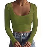 Artfish Women's Square Neck Long Sleeve Ribbed Slim Fitted Casual Basic Crop Top (Olive Green, L)