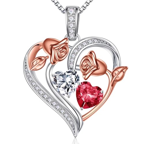 Iefil Birthstone Necklace for Women - 925 Sterling Silver Rose He...