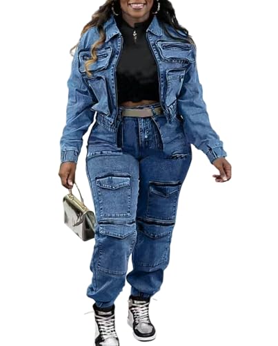 Voghtic Womens Fall Sets 2 Piece Outfits Stretchy Denim Long