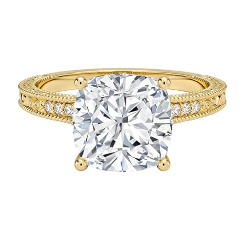 3 Ct Cushion Cut Engraved Pave Lab Grown Diamond Ring For Women