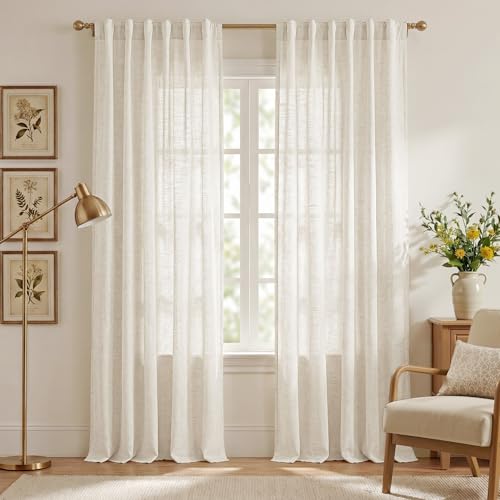 NICETOWN Semi Sheer Linen Curtains 84 inches Long 2 Panels Set for Bedroom, Rod Pocket & Back Tab Privacy with Light Filtering Window Treatments Airy