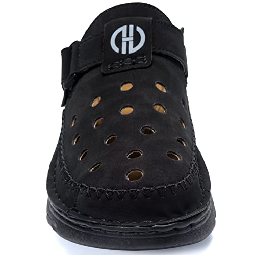 Buguki Clogs Mens Mules Summer Leather Sandals Closed Toe Outdoor Beach Garden Clogs Shoes For Male Black 44 #TOP3