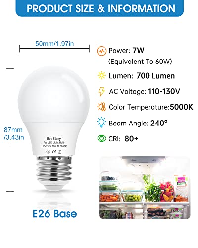 A15 Led Light Bulb 60W Equivalent Refrigerator Bulbs, 7W Led Refrigerator Lights Bulb, Daylight White 5000K E26 Medium Base, 700Lm Non-Dimmable For A15 Home Appliance Chandelier Lighting, 4 Pack #TOP1