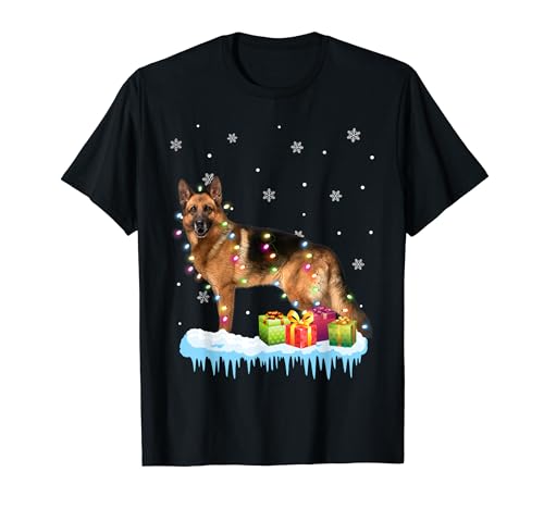 German Shepherd Dog Tree Christmas Light Sweater Xmas Dogs Camiseta