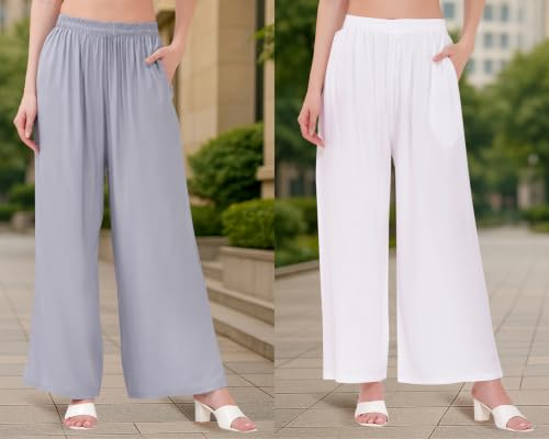 Image of Buy That Trendz Palazzo Pants for Women Rayon Elasticated Regular Fit Flared Wide Leg M to 6XL Pack of 2