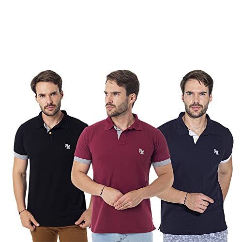 Kit 03 Camisas Polo Piquet Masculina Básica Casual Polo Marine (P, Preto, azul marinho e vinho)