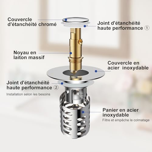 Filtre de vidange Pop-up en laiton chromé et acier robuste - 7