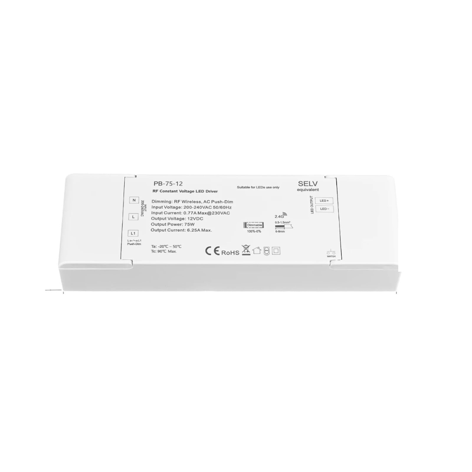 Controlador LED regulable RF de 40 W/75 W/150 W, alimentador push-dim remoto, dimmer for iluminación, transformador para tiras de luz DC12/24 V (12 V, 75 W ONLY)