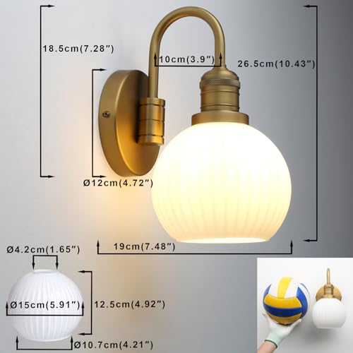 Image of Yosoan Aged Brass Gold Vintage Bathroom Wall Sconce with Striped Shade, 1-Light Classic Indoor Vanity Hardwired Wall Mounted Light, Frosted Milky White Ribbed Glass Shade for Bedroom Hallway(Antique)