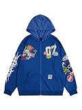 SOLY HUX Men's Graphic Oversized Hoodies Y2k Zip Up Long Sleeve Hooded Sweatshirt Jacket Streetwear Blue Graphic Medium