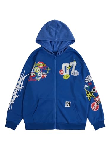 SOLY HUX Men's Graphic Oversized Hoodies Y2k Zip Up Long Sleeve Hooded Sweatshirt Jacket Streetwear Blue Graphic Medium