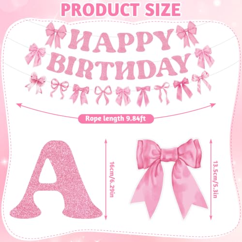 Image of Pink Bow Happy Birthday Banner with Hanging Swirls Decor | Bow Birthday Party Decorations Pink Birthday Party Set for Walls Ceilings Dessert Tables and Covered Patios