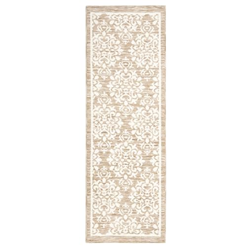 TOWN & COUNTRY EVERYDAY Walker Damask Medallion Everwash™ Washable Multi-Use Decorative Rug, Tufted Kitchen Runner Rug, Low-Profile Door Mat, Bath Rug with Non-Slip Backing, Beige, 24