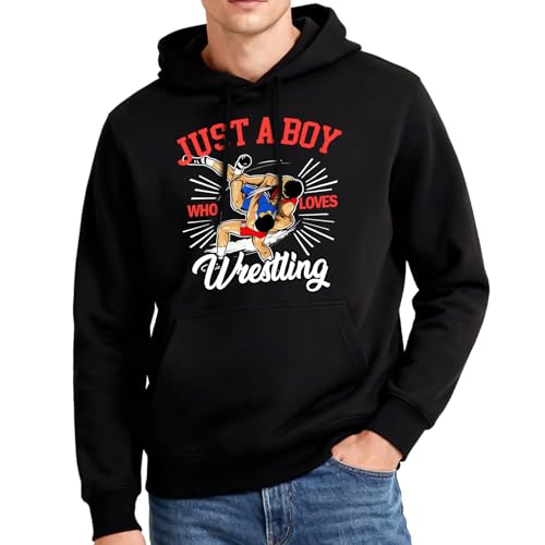 HEIFAM Graphic Hoodies for Men Women Black Hoodie Men Women Novelty Pullover Hoodie Funny Just a Boy Who Loves Wrestling Sweatshirt Trendy Oversized Hoodies 2025 Chrismas Birthday Gift Size XL
