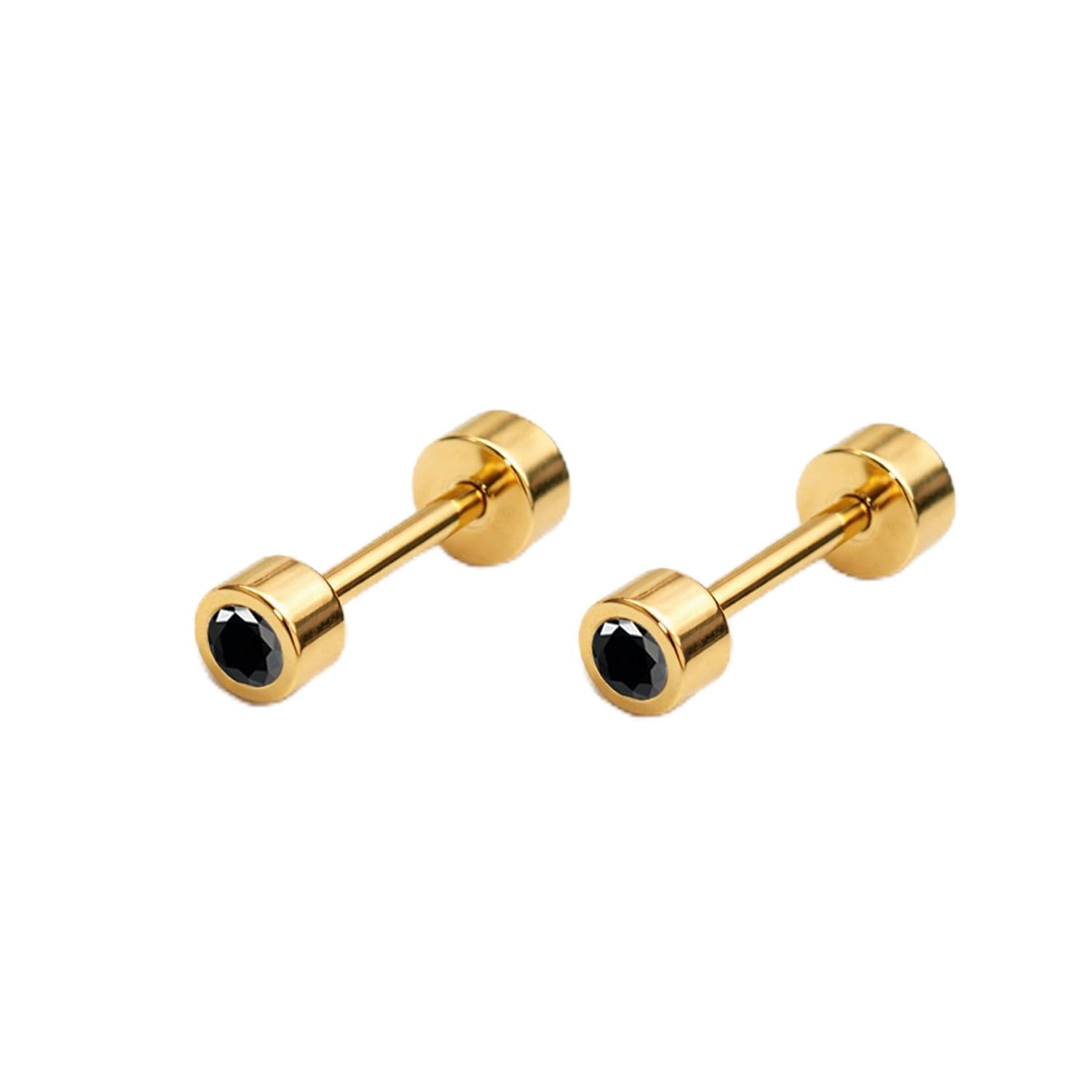 vama FASHIONS 3mm 18K Gold Plated Stainless Steel Anti Tarnish Tyre Shape Black Stone Piercing Small Ear Stud Lightweight Hypoallergenic Studs Earrings for Men & Boys-picture-40