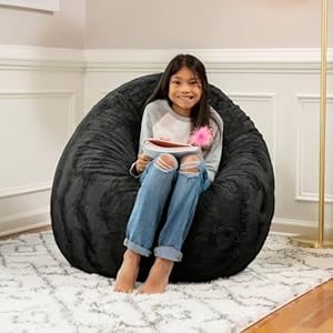 Black color 4 foot faux fur big bean bag chair size 48 l x 48 w x 16 h incredibly soft removable and machine washable cover with childproof zipper lock  urban country home decor