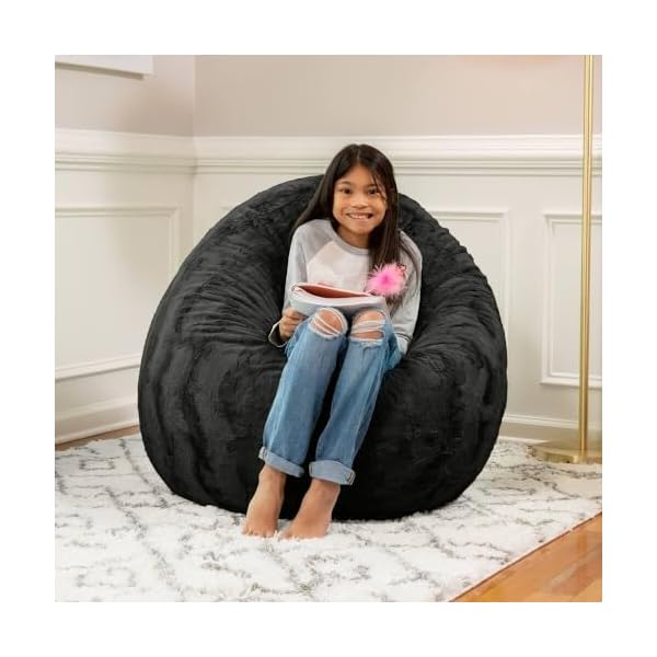 Black color 4 foot faux fur big bean bag chair size 48 l x 48 w x 16 h incredibly soft removable and machine washable cover with childproof zipper lock  urban country home decor