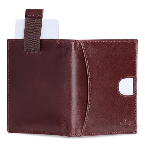 Image of RFID Genuine Leather Card Holder for Men - Slim Wallet with 9 Card Slots, ID Window & Card Puller - Cherry Red