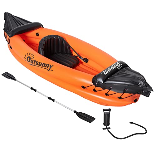Outsunny Canoe Kayak Inflable 1 Persona con Inflador y Rame de Aluminio, Naranja