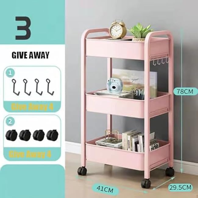 3 Tier Rolling Cart Storage Trolley with Handles, Multi-Purpose Storage Organiser, Space-Saving Organizer Trolley Rack for Home Kitchen Living Room Bathroom Pink-OZgvH1ZS