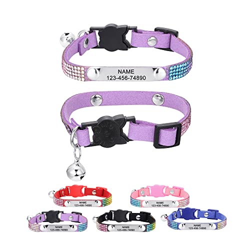 Filhome Personalized Rhinestones Cat Collar Breakaway with Pet Name Number Bell, Customized Cat Bling Diamond Rhinestone Collar with Bell and Safety Buckle Adjustable for Cats Kitten(Purple)