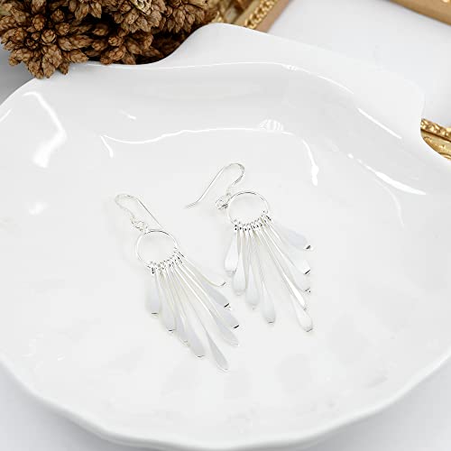 AeraVida Shimmering Fan Statement Sterling Silver Dangle Boho Earrings, 0.79x2.28 in3