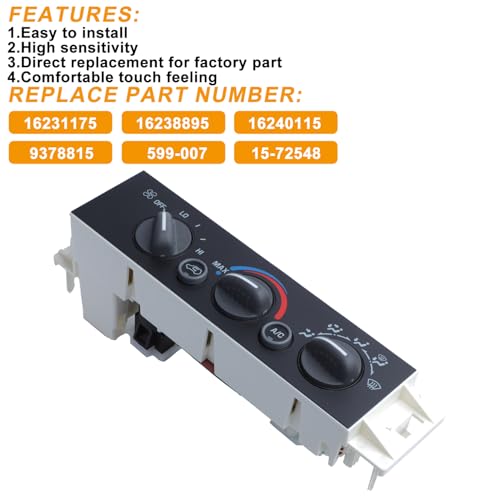 AC Heater Panel Climate Control Module Switch for Chevy GMC C1500 C2500 C3500 K1500 K2500 K3500 Truck 1996 1997 1998 1999 2000 2001 2002 Without Rear Window Defogger 16231175 9378815 15-72548 599-007