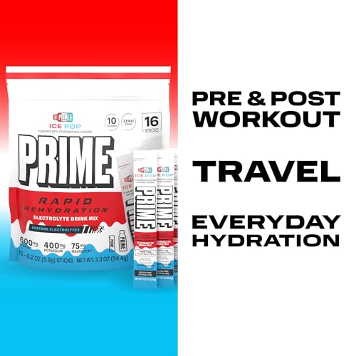 Image of Prime Rapid Rehydration Electrolyte Powder Sticks, Ice Pop, Sugar Free Hydration Drink Mix with Sodium, Potassium, Magnesium & B Vitamins to Replenish Fluids, Caffeine Free, 16 Count